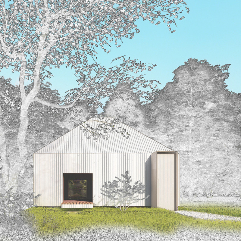 Brass Altar and Dark Plywood Illuminate a Sustainable Meditation Cabin