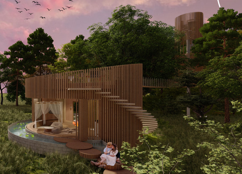 Timber Louvers and Central Courtyard in a Forest Retreat