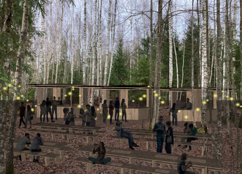 Fold-Out Louvers Enhancing Community Dining in Natural Wood Settings