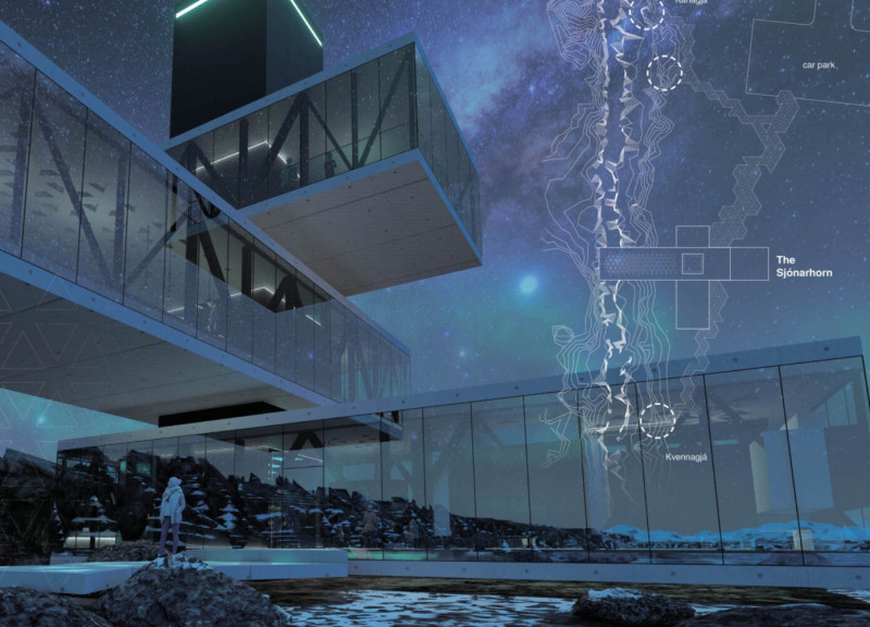 Cantilevered Observation Core Overlooking Tectonic Landscapes in Black Concrete