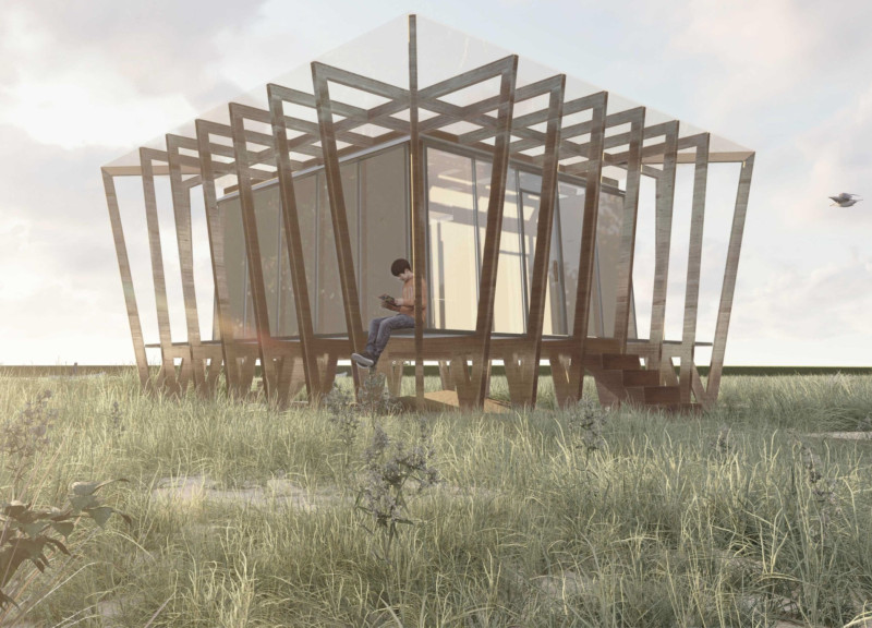 Openable Façade Cabin Framed with Wood and Glass in a Forested Retreat