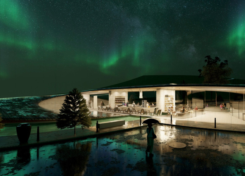 Driftwood Roof and Tuff Specimens in a Volcanic Landscape Visitor Center
