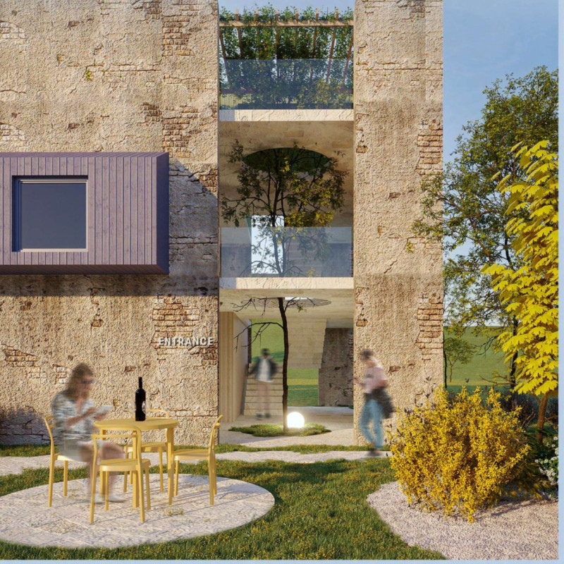 Carved Wood Shelters Embracing Italian Brick Heritage in Wine Tourism Spaces
