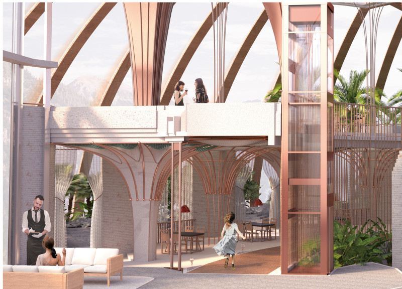 Translucent Dome with Whisky-Brown Columns Overlooking Volcanic Landscape