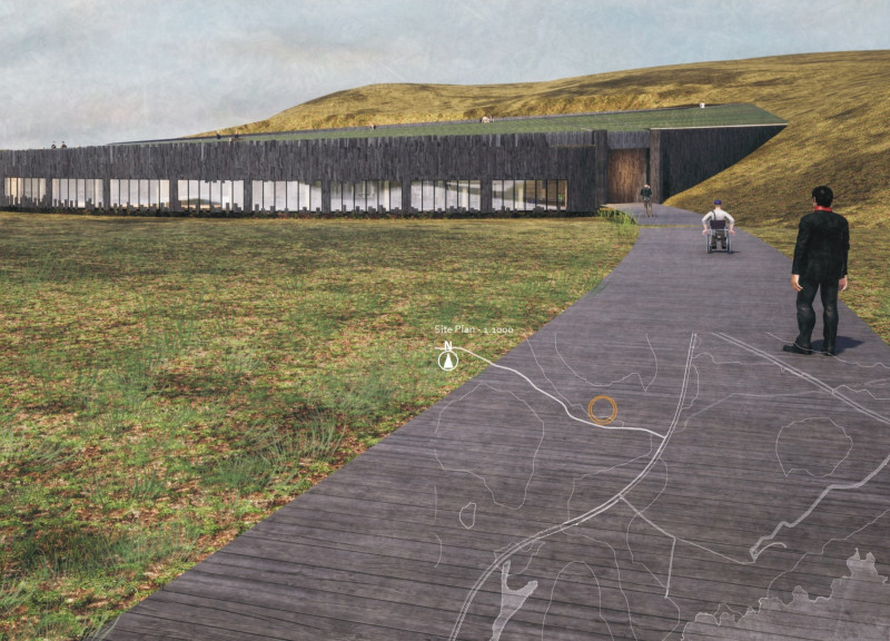Basalt Clad Community Hub Featuring Earth Plaster and Green Roof Integration