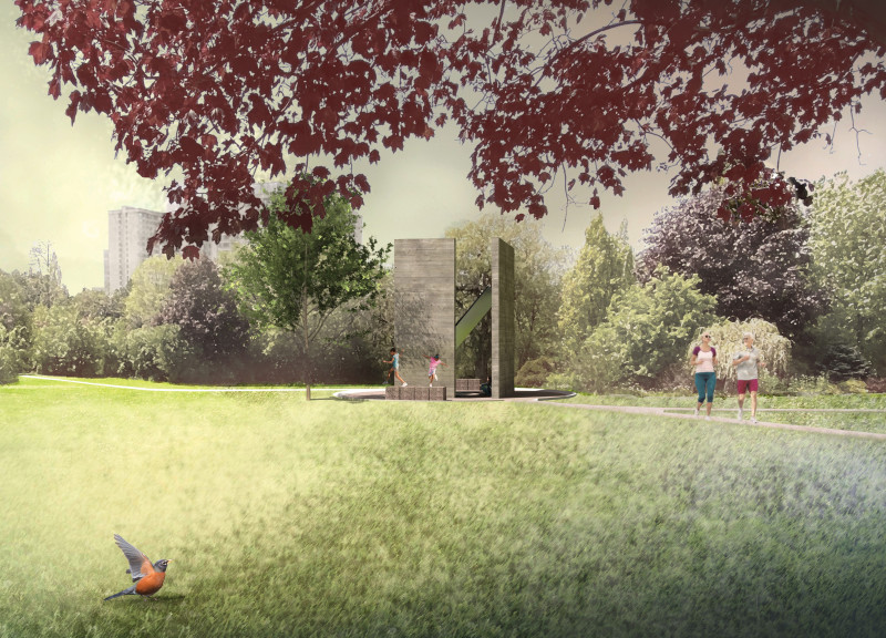 Reflective Stainless Steel and Concrete Memorial Emphasizing Nature and Memory