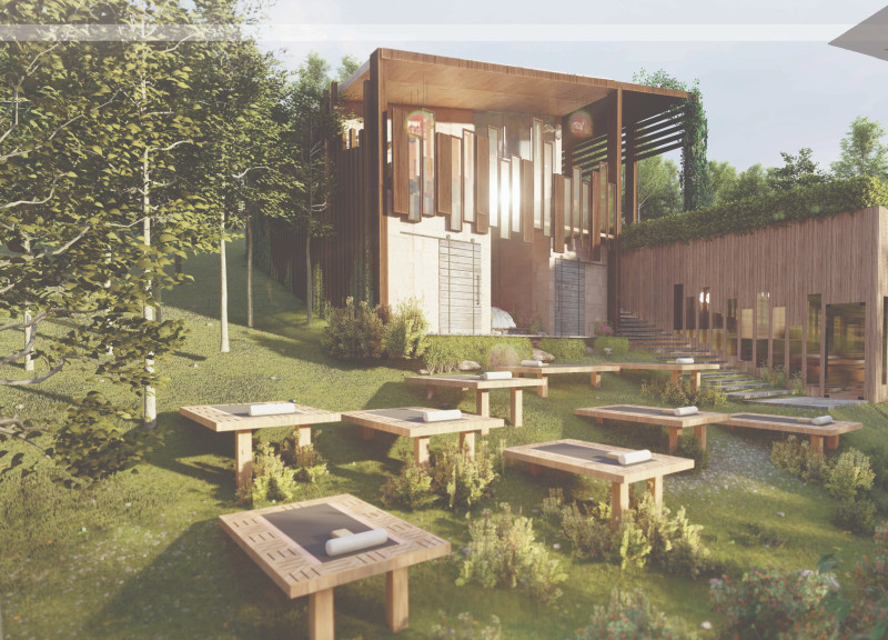 Cork Elements and Pine Structure Framing a Cliffside Wellness Retreat