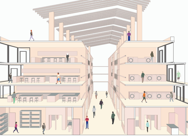 Wooden Roofs and Green Spaces in a Community-Focused Urban Development