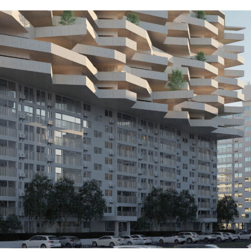 Terraced Community Spaces Featuring Engineered Wood and Green Roofs in Urban Design