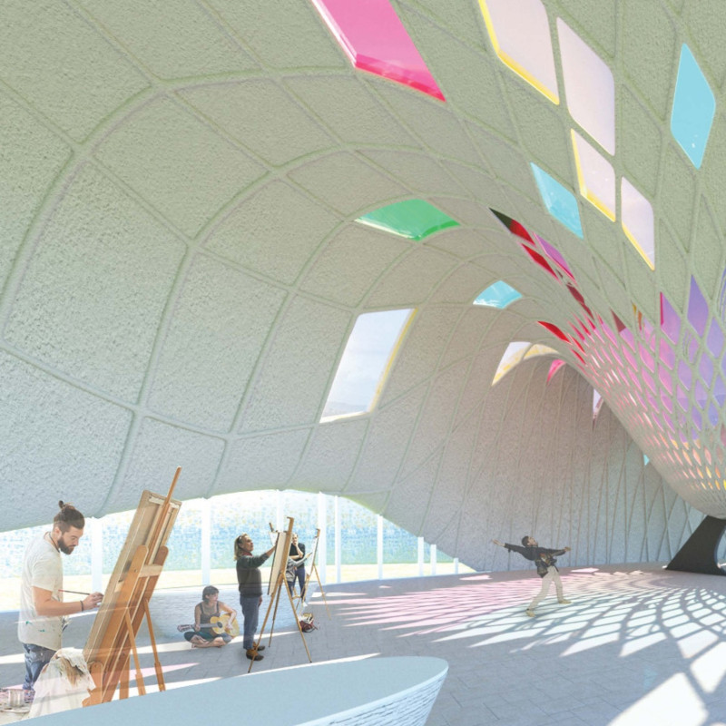 Sundial Gnomon and Colored Glass in a Mountain Community Space