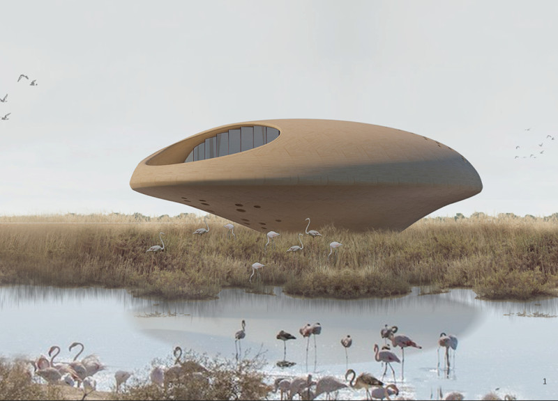 Egg-Shaped Gathering Space Overlooking Flamingo Habitats