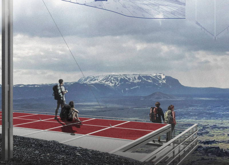 Flexible Mesh Platform with Steel Pillars Overlooking Icelandic Landscape