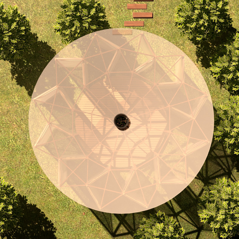 Circular Structure with Fabric Screens and Natural Wood Elements for Meditation