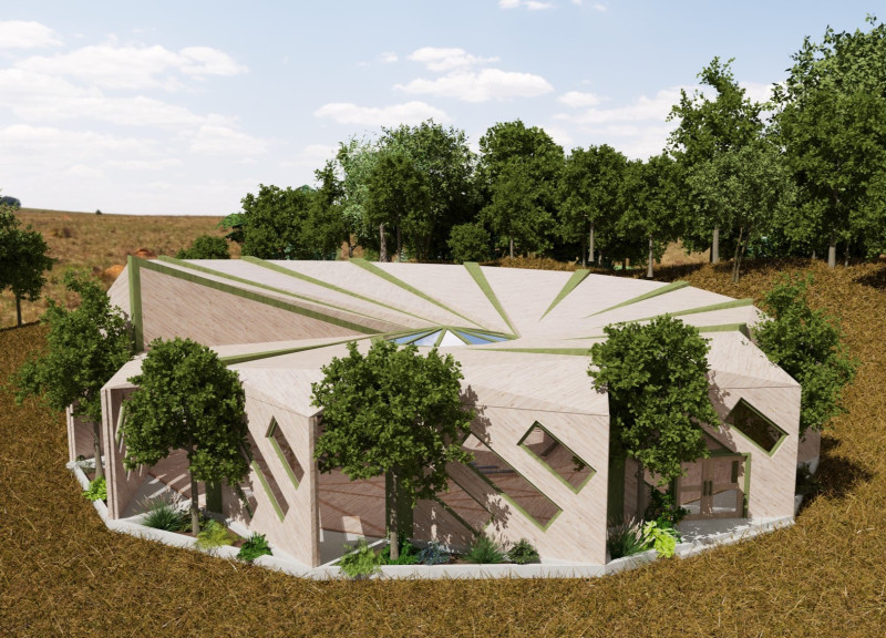 Pivoting Wall Panels in a Dodecagonal Community Space with Natural Wood Accents