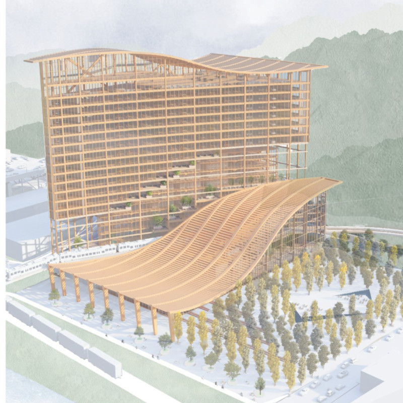 Curved Roof Form Integrates Mass Timber with Riverbank Context