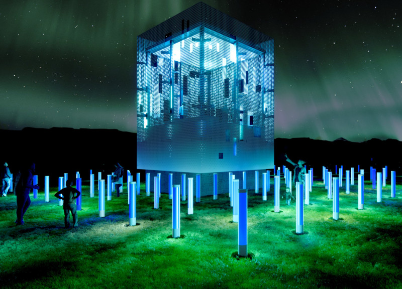 Dynamic Light Installation Featuring Perforated Metal Panels Within Nordic Landscape