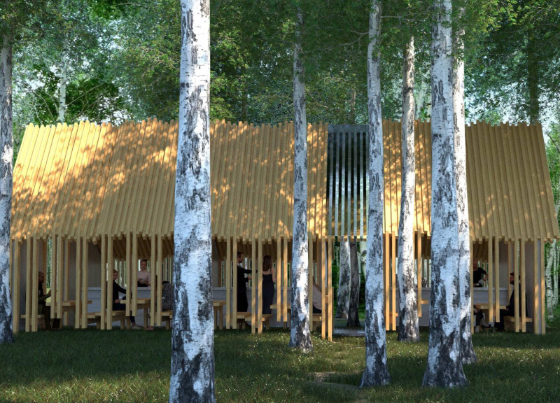 Rhythmic Spaces of Birch and Glass in Forest Dining