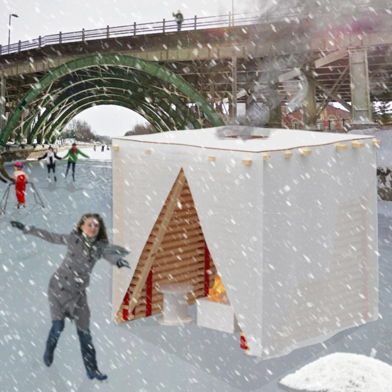 Timber Structure Offering Warmth Amidst the Frozen Canal