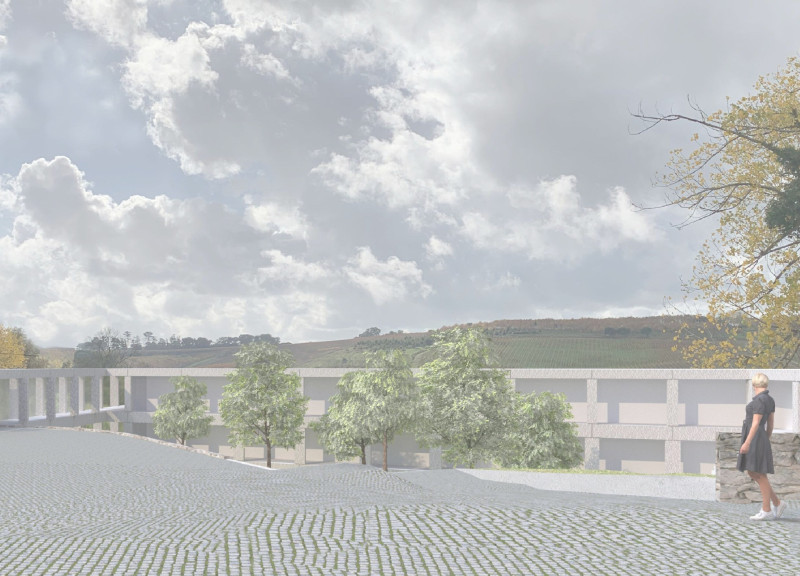 Semi-Buried Event Space with Vineyard Views and L-Shaped Design