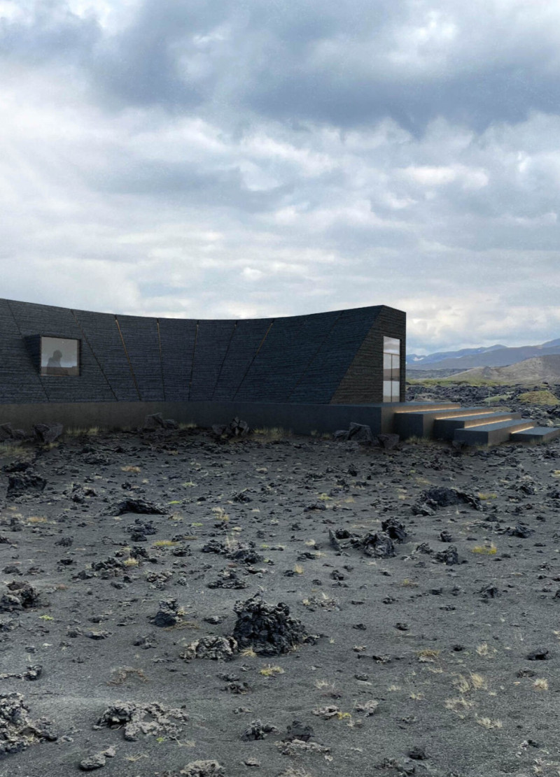 Burnt Wood Facade Framing Views of Volcanic Landscape in Visitor Center and Coffee Shop