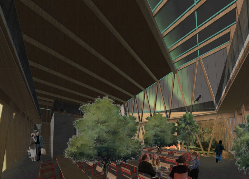 Vertical Farming Structure with Gabion Walls and Transparent Elements Promoting Community Education