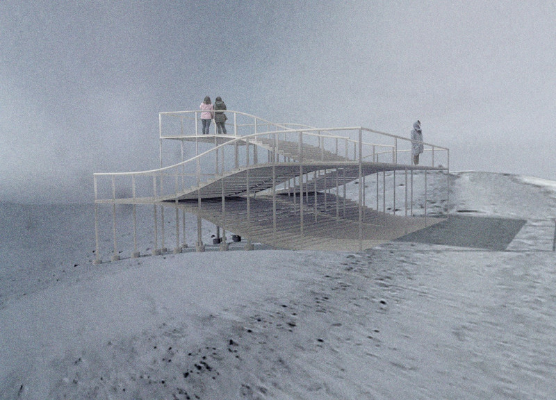 Curved Timber Platforms Providing Shelter Within Volcanic Landscape