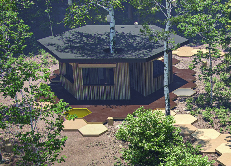 Torrefied Wood Pavilion with Honeycomb Concessions for Community Interaction