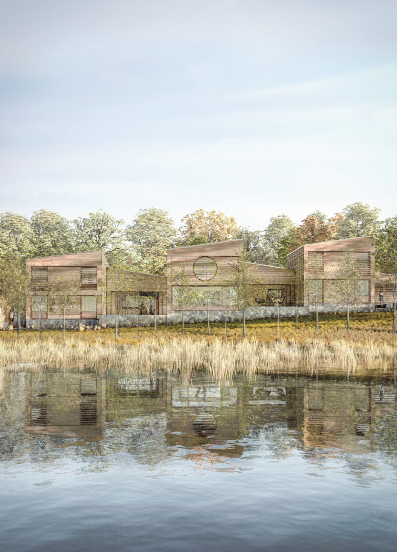 Sedum-Covered Cabins with Integrated Bat Habitats by Lake Cernostes