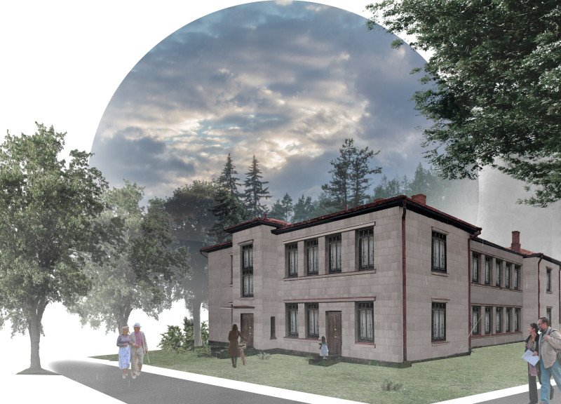 Fireplace-Centered Community Space with Local Soil and Stone Integration