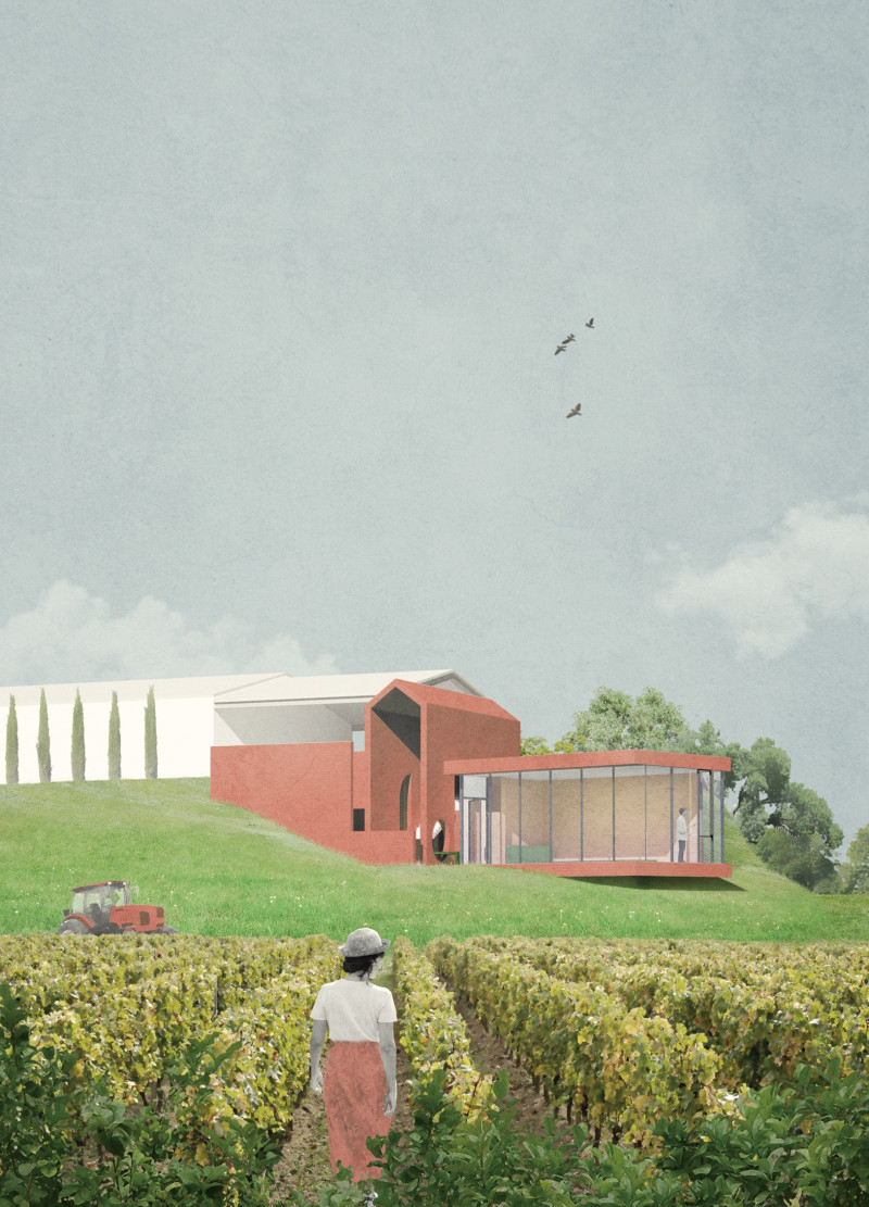 Red Brick Tasting Room with Green Arched Gateway