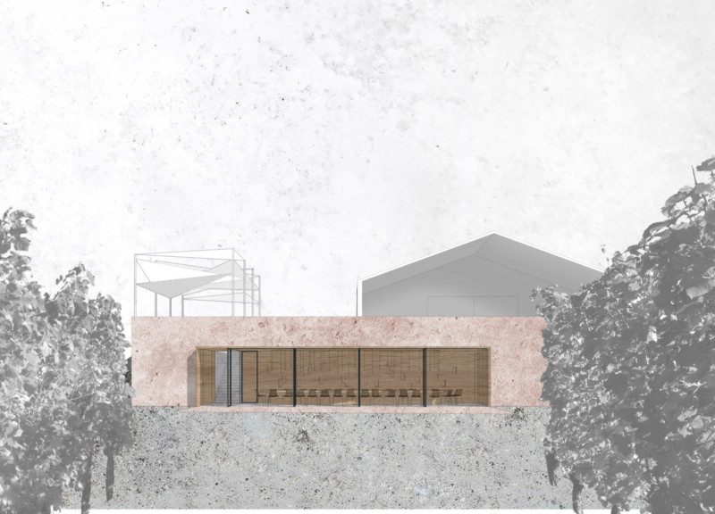 Stone-Base Structure with Glass Walls Enhancing Vineyard Connections