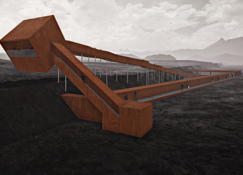 Corten Steel and Wooden Pathway Enhancing Geological Exploration