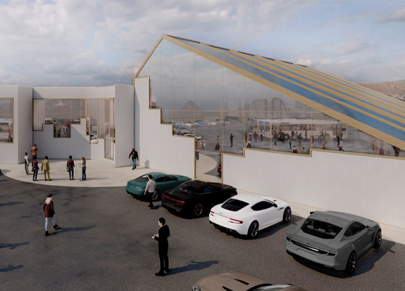 Reflective Glass Facade and Natural Wood Embrace in Sustainable Dining Experience