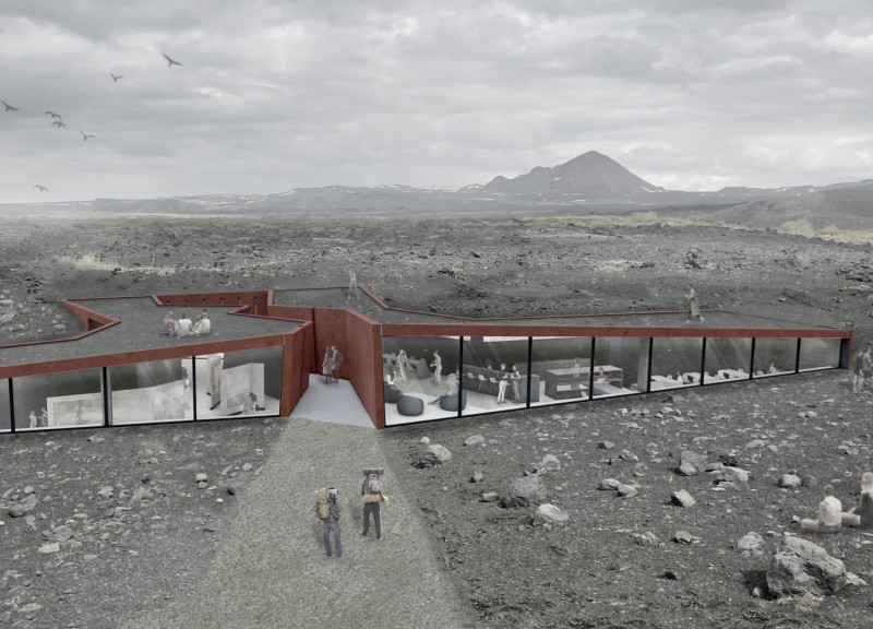 Weathering Steel Walls and Tuff Roofs Embrace Volcanic Landscapes in Visitor Center