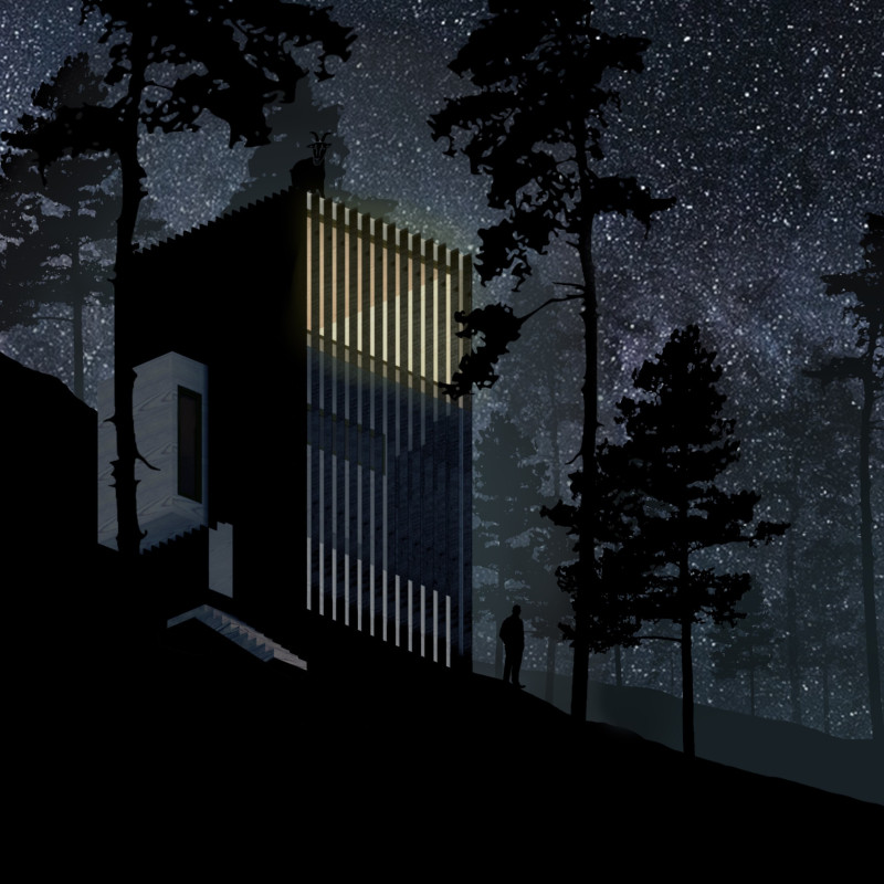 Charred Wood Retreat Crafted in a Vertical Form for Tranquil Reflection