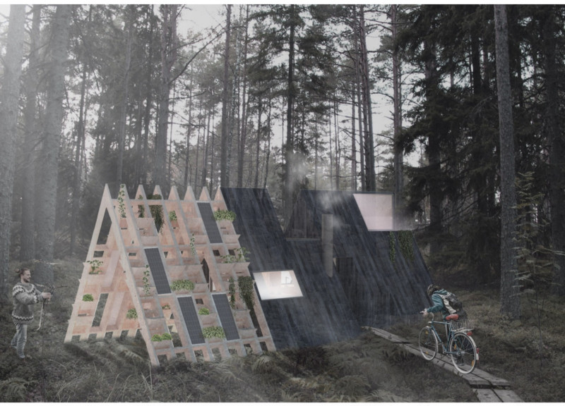 Triangular Wooden Volume with Integrated Rainwater System for Sustainable Living