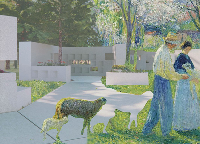 Angled Platforms and Rustic Finishes in a Community Cemetery