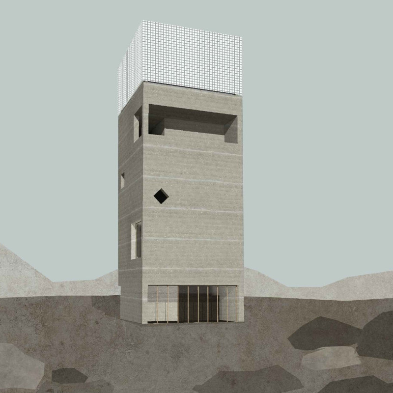 Rammed Earth Structure with Curved Stairs Overlooking Cave Landscape