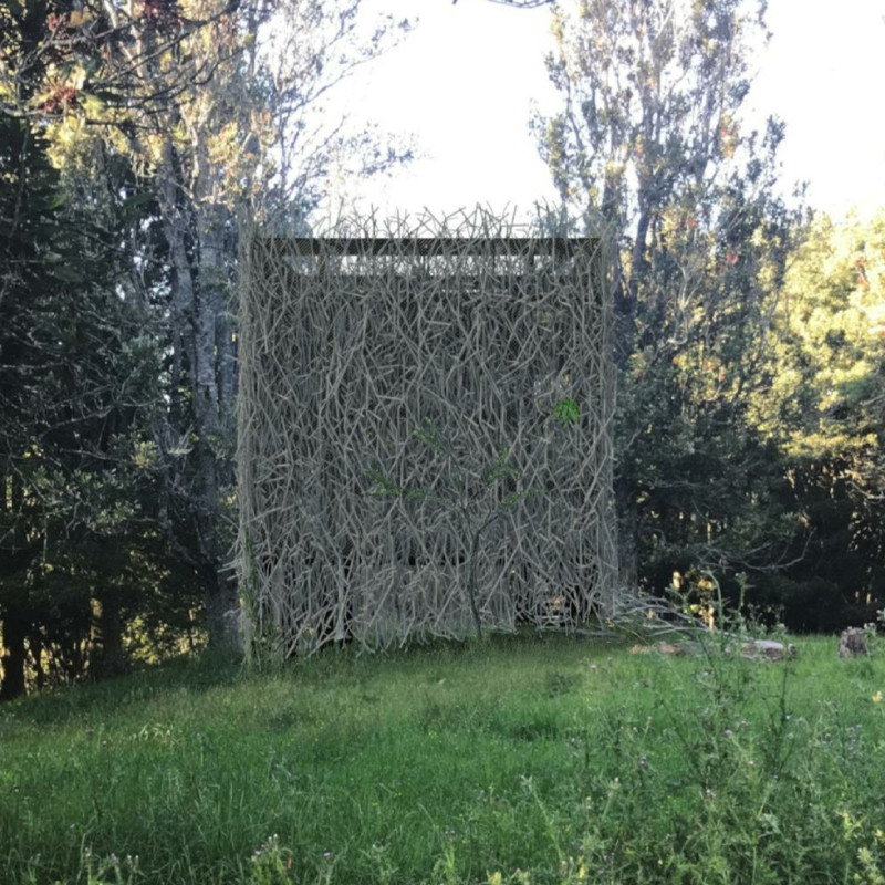 Living Wall of Found Materials Enhancing Meditation in a Forest Retreat