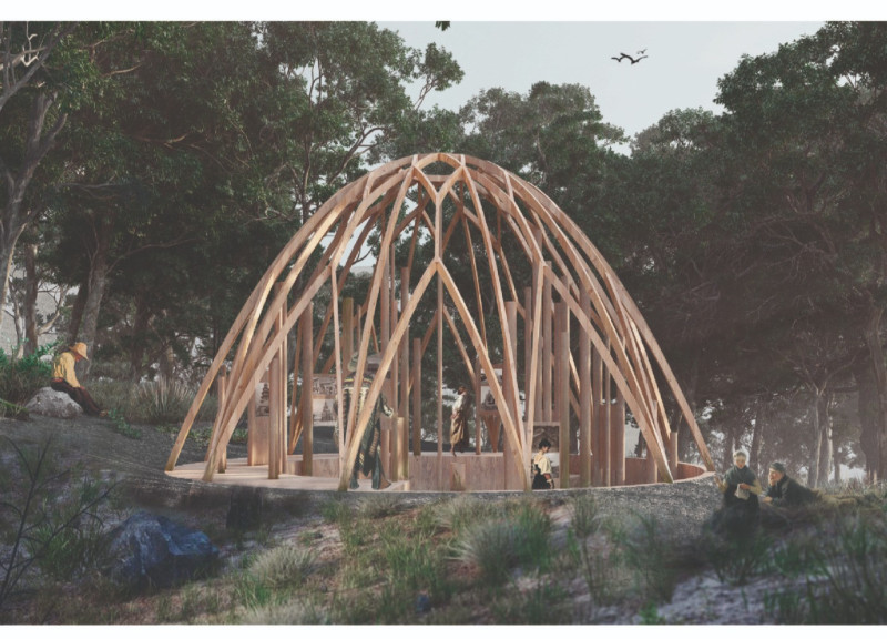 Embracing Natural Light Through Wood Columns in a Forest Pavilion