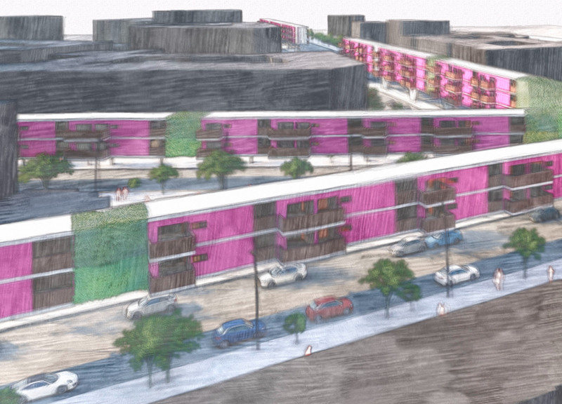 Pink Elements and Reinforced Concrete in Urban Residential Integration