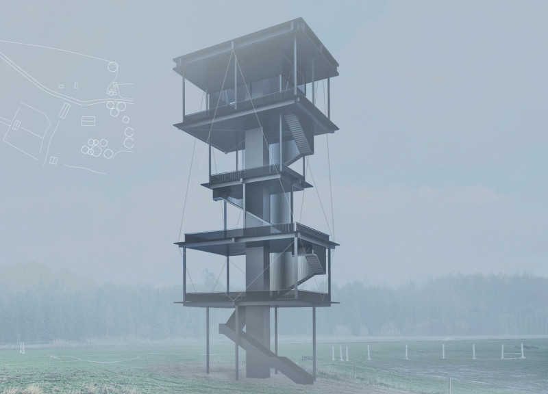 Elevated Viewing Structure Crafted from Steel and Glass with Tension Cables Integrating Natural Landscapes