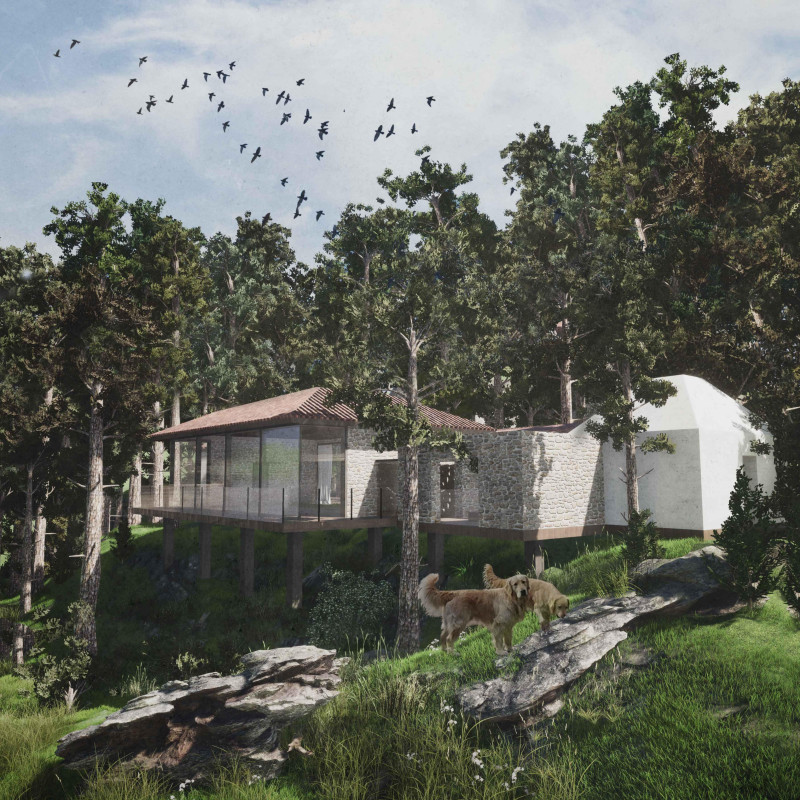 Hay-Built Structure Embracing Nature with Zen Gardens and Cork Features