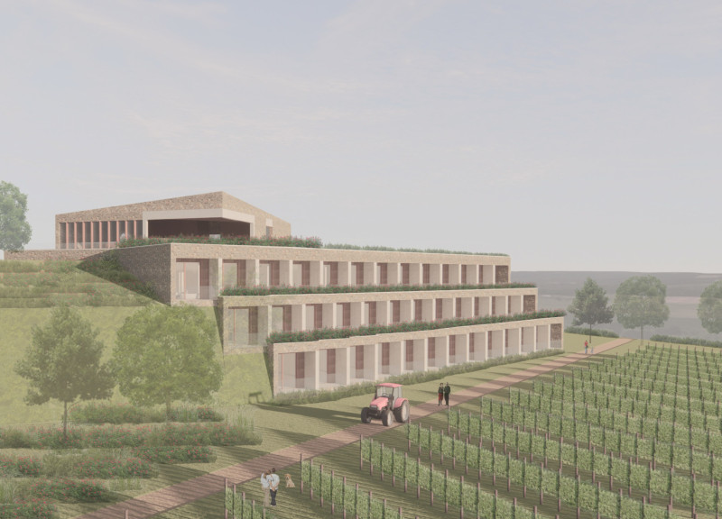 Charred Wooden Shingles Complementing Sustainable Stone Facade in Vineyard Retreat