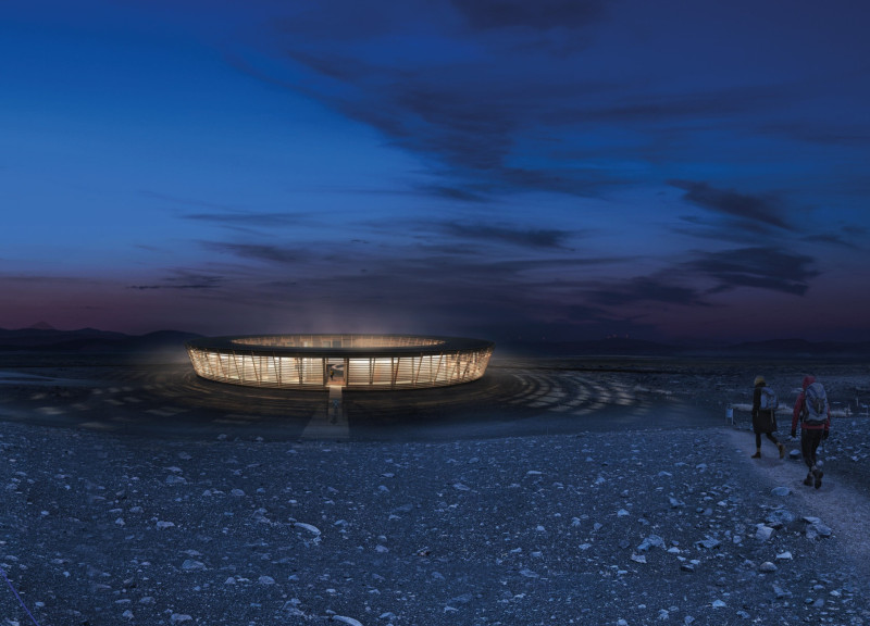 Circular Gathering Space with Prefabricated Wooden Segments in a Volcanic Landscape