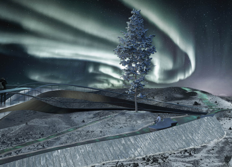 Photoluminescent Paths and Timber Flooring in a Volcanic Landscape Lookout