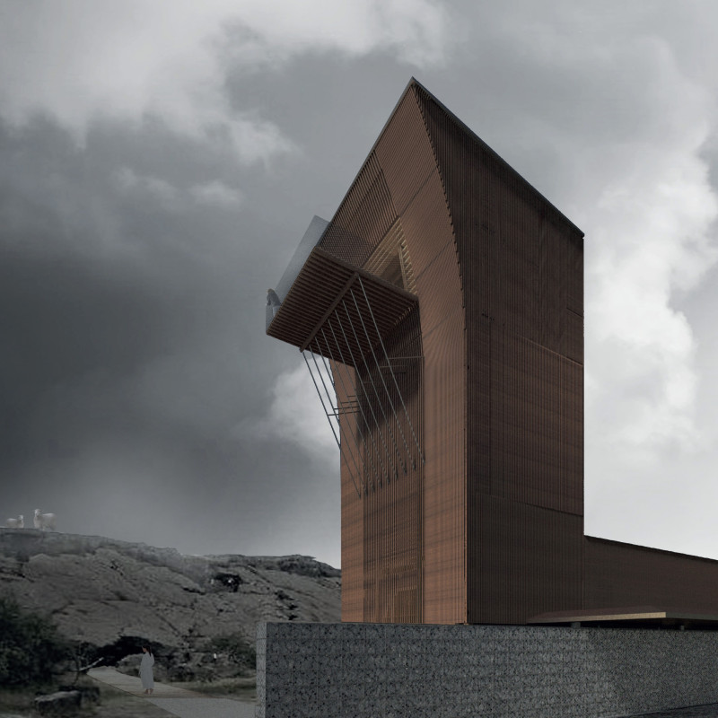 Panoramic Observation Tower Featuring Stone and Wood Integration in Volcanic Landscape