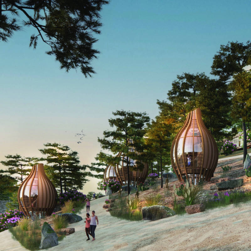 Curved Timber Fins and Cork Embrace in a Nature-Inspired Retreat