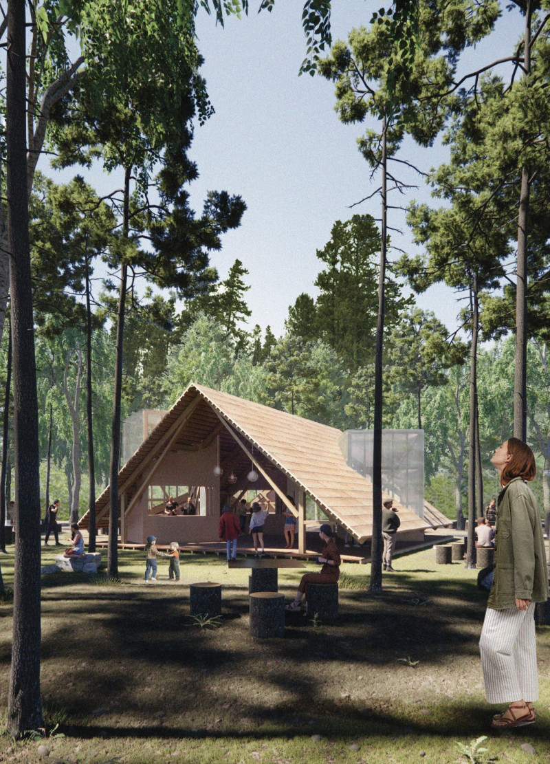 Cedar Shingle Roof Canopy over Communal Wooden Stalls