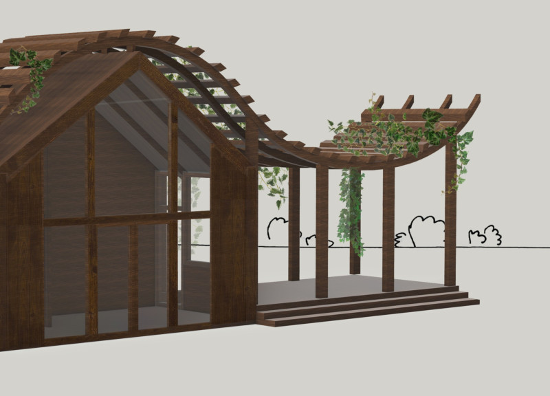 Wave-Shaped Pergola and Pine Cottages Embracing Riverfront Wellness